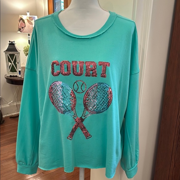 Versona Tops - Versona Teal 'Court' Tennis Sweatshirt/Sequin Detail Oversized Cropped, Raw Edge